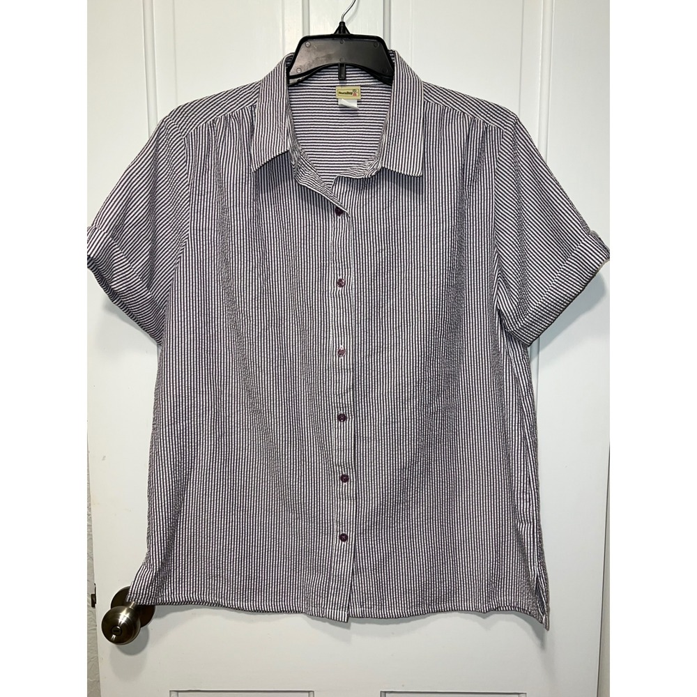 Boca Bay Womens XL Purple White Striped Seersucker Short Sleeve Button Down Top